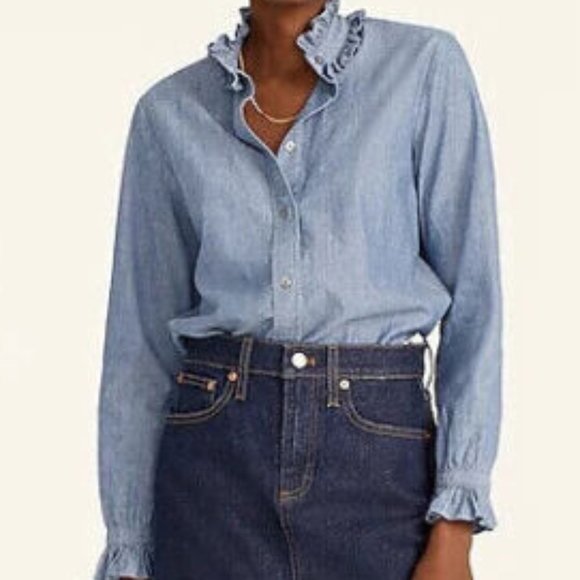 J. Crew Tops - NW J. Crew Classic fit Ruffleneck Chambray Shirt Blue Button AW215 Size 6 H13253